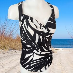 Miraclesuit Sleeveless Ruched Wrap Swimsuit in Black and White